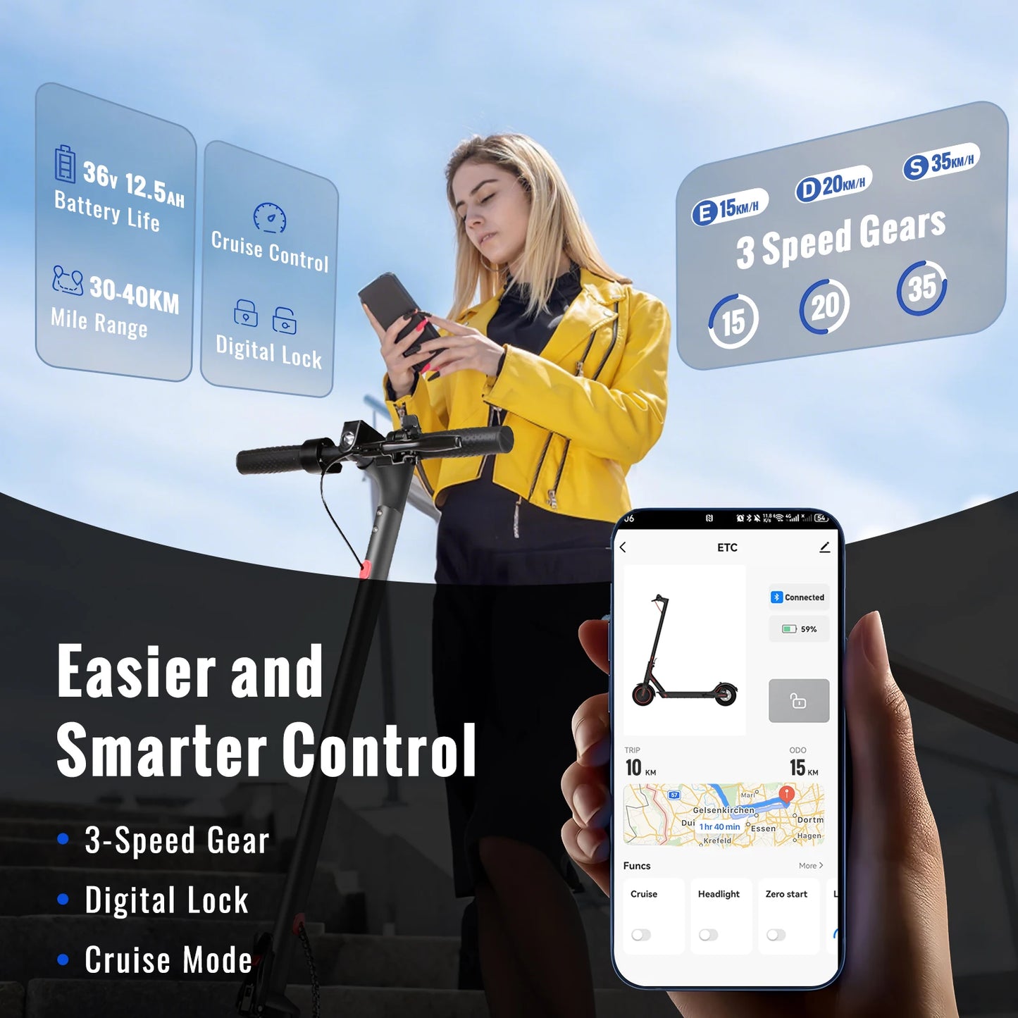 N7PRO 350W Adult Electric Scooter 36V 10.4Ah Range 30 km